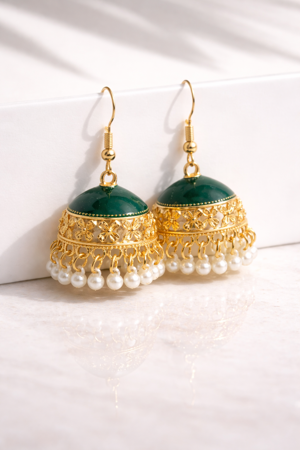 Emerald Royal Jhumkas – Luxury Pearl Drop Statement Earrings