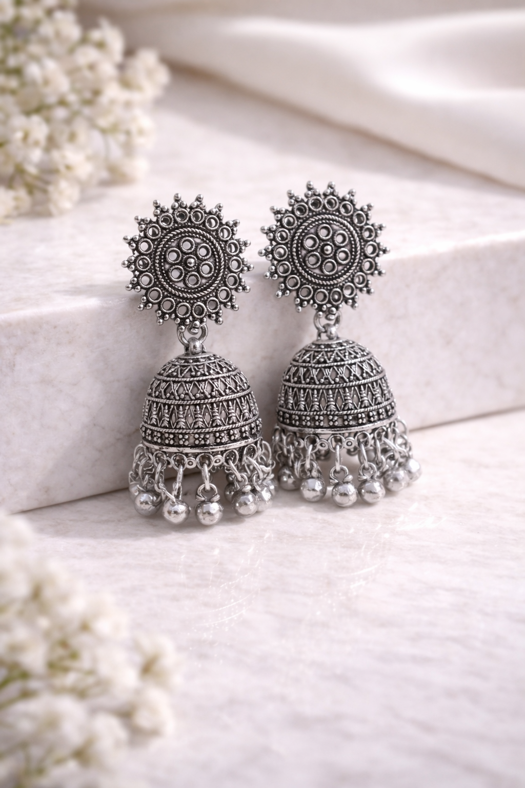 Silver Aura Jhumkas – Vintage Oxidized Statement Earrings