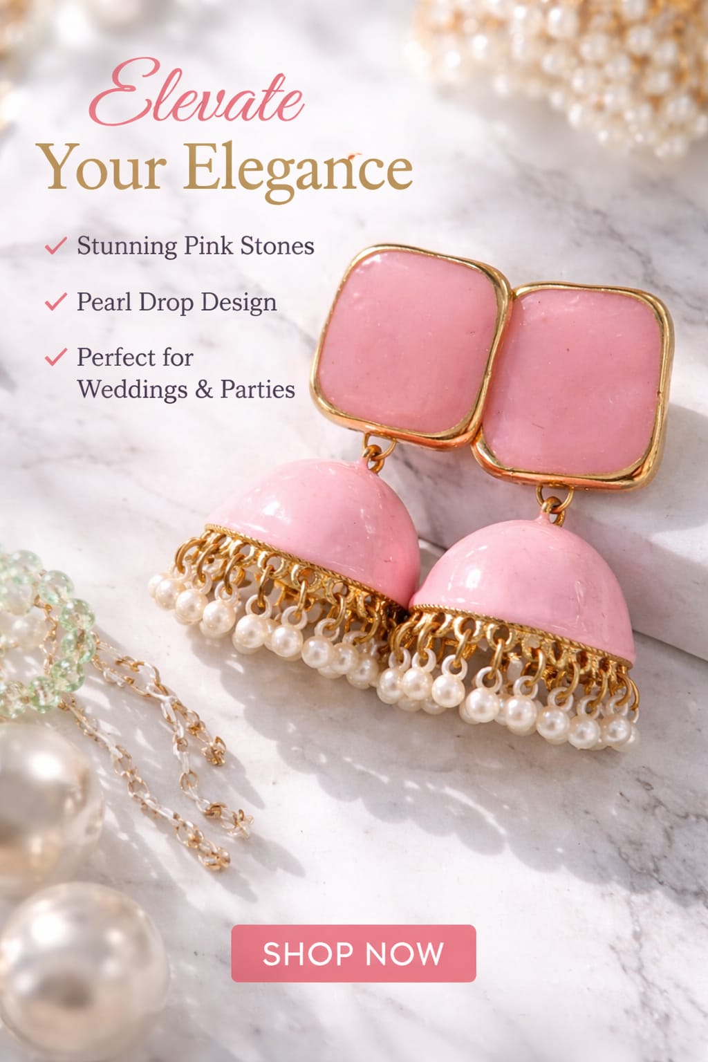 Premium Pink Jhumka Earrings – Elegant Pearl Drop Statement Jewelry for Weddings & Parties