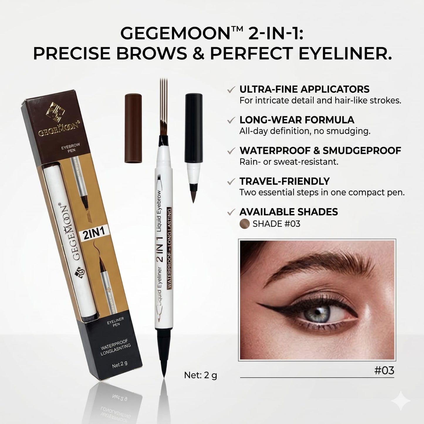 Gegemoon 2 in 1 Waterproof Liquid Eyebrow and Eyeliner Pen
