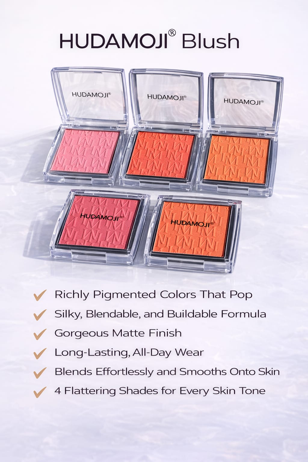 HUDAMOJI Powder Blush – Smooth, Pigmented, Long-Lasting Glow