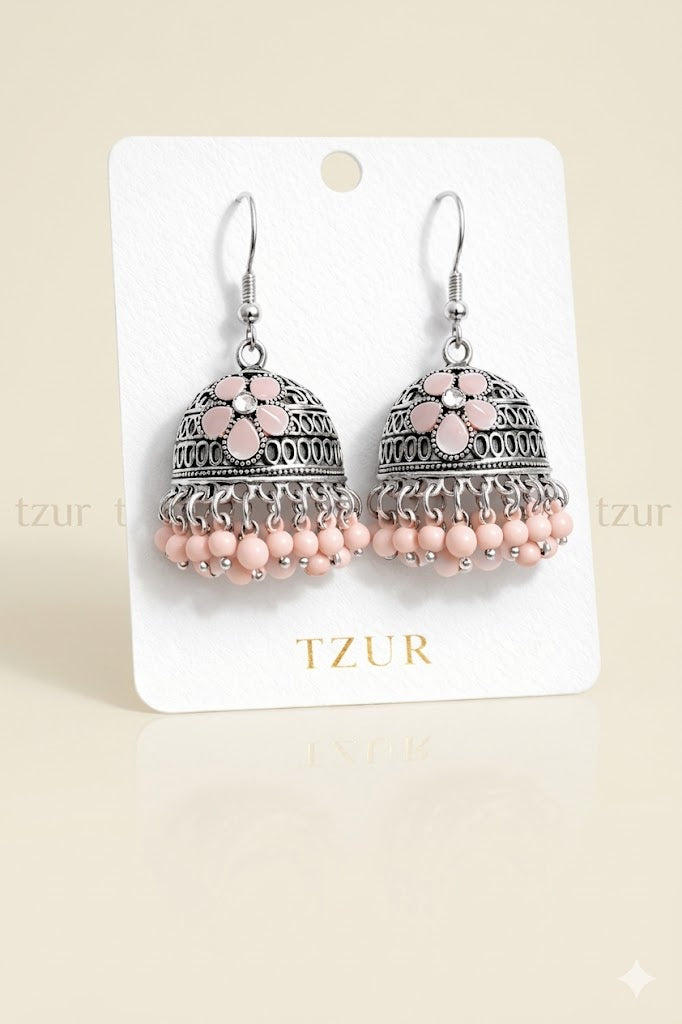 Pastel Pink Floral Oxidized Jhumkas + EID SPEACIAL GIFT FROM TZUR