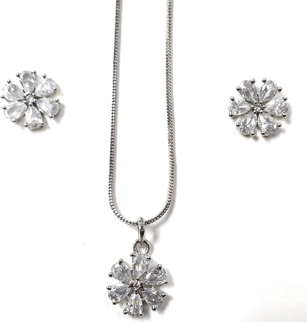 Luxury Crystal Pendant & Drop Earring Jewelry Set – Silver & Gold Plated Floral Designs