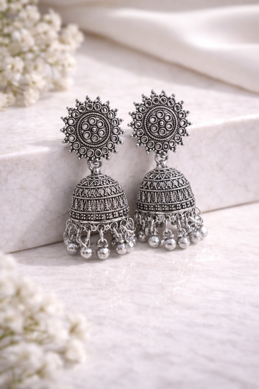Silver Aura Jhumkas – Vintage Oxidized Statement Earrings