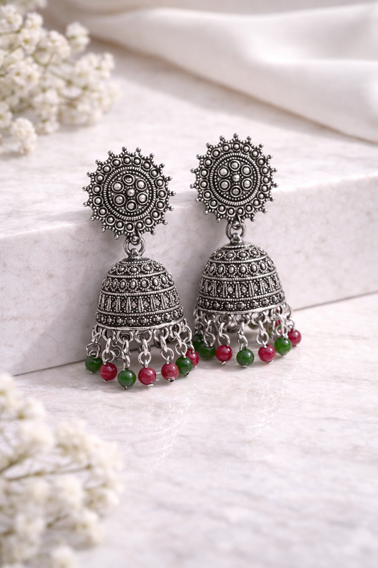 Ruby Emerald Oxidized Jhumkas – Festive Statement Earrings