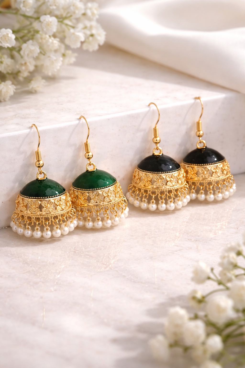 Emerald Royal Jhumkas – Luxury Pearl Drop Statement Earrings