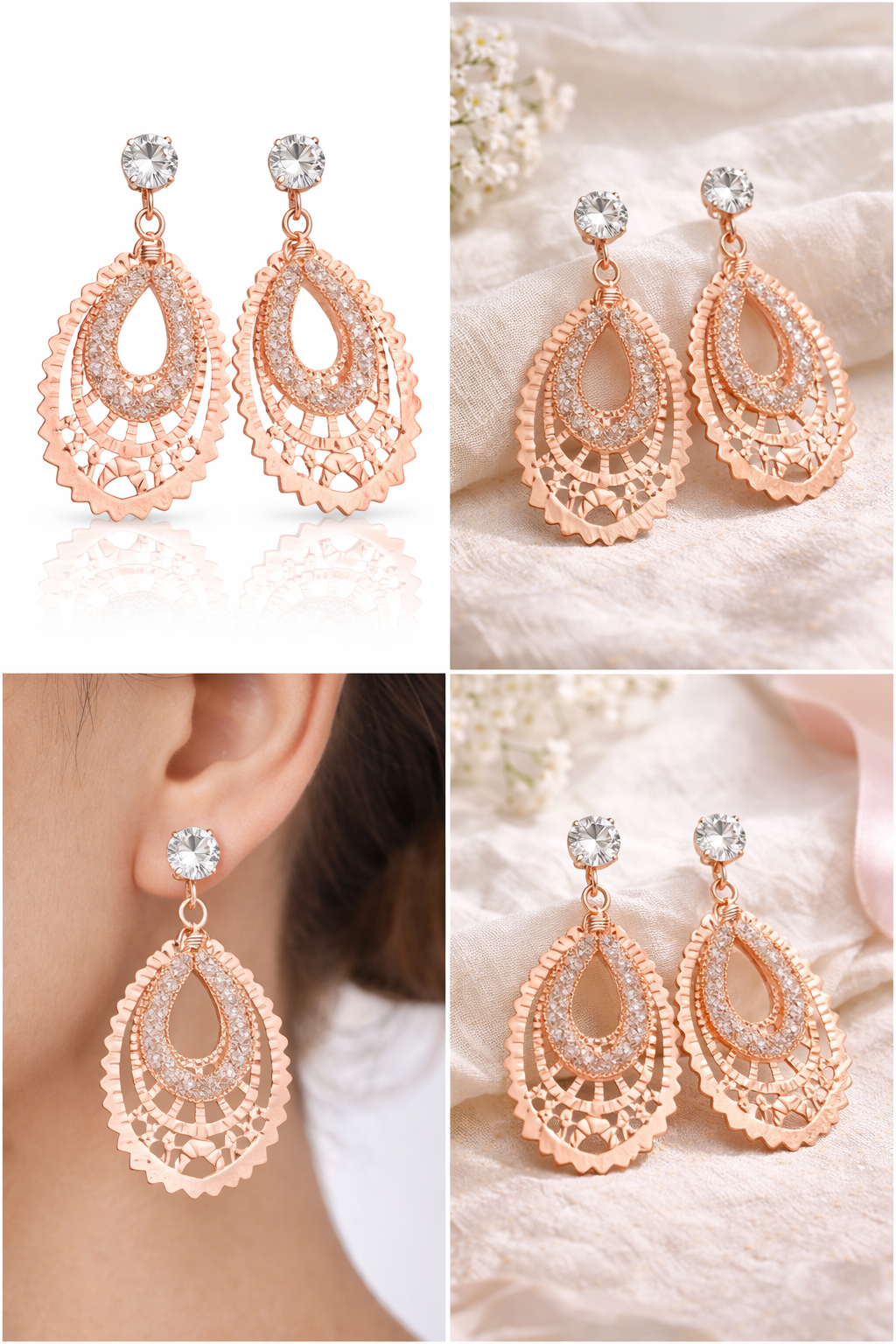 Radiance Drop Earrings – Crystal Rose Gold Statement Elegance