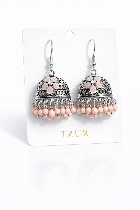 Pastel Pink Floral Oxidized Jhumkas  + EID SPEACIAL GIFT FROM TZUR