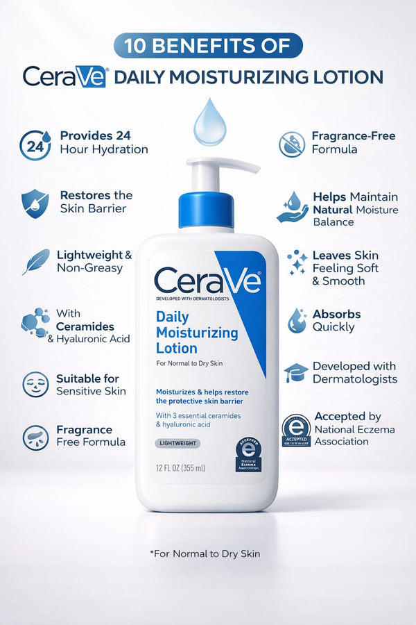 CeraVe Daily Moisturizing Lotion (355ml) – 24Hr Hydration | Repair Skin Barrier | Lightweight, Non-Greasy Glow