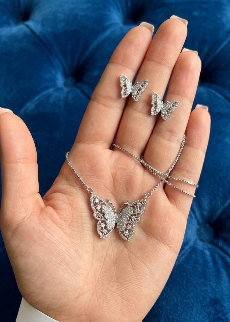 Butterfly Crystal Jewelry Set – Silver Luxe Edition