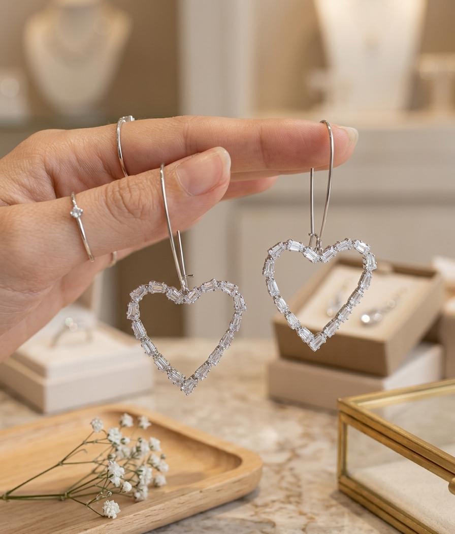 Crystal Heart Drop Earrings – Silver Luxe Edition
