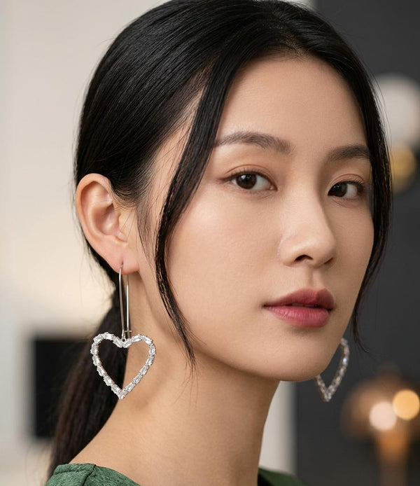 Crystal Heart Drop Earrings – Silver Luxe Edition