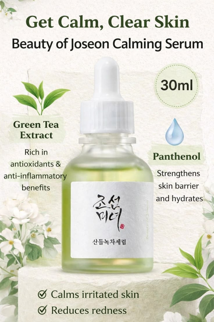Beauty of Joseon Calming Serum Green Tea + Panthenol 30ml – Soothes Redness, Hydrates Deeply & Strengthens Skin Barrier for Clear, Calm Skin