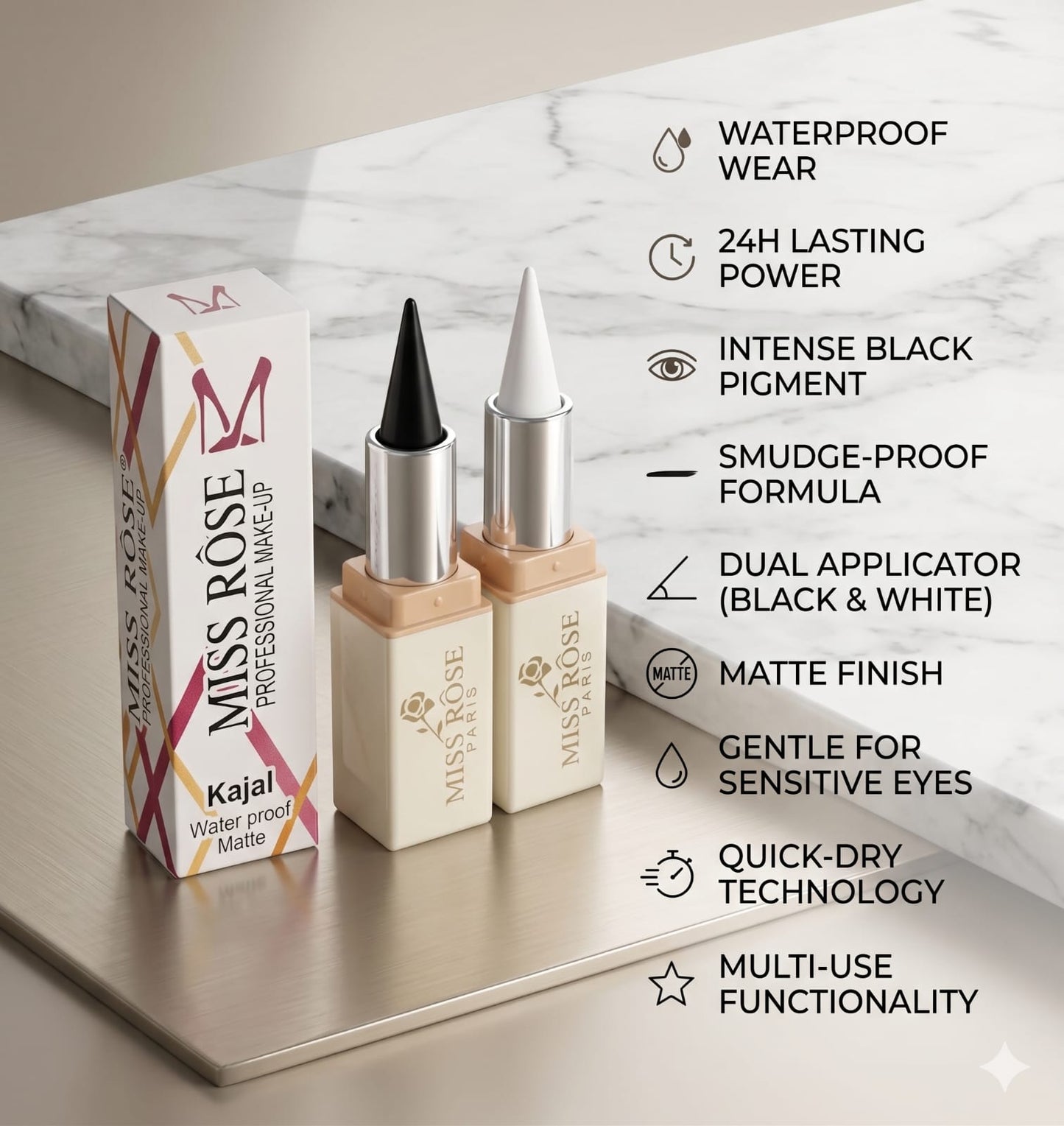 Miss Rose Professional Dual Kajal– Waterproof, Smudge-Proof, Long-Lasting Black & White Matte Finish