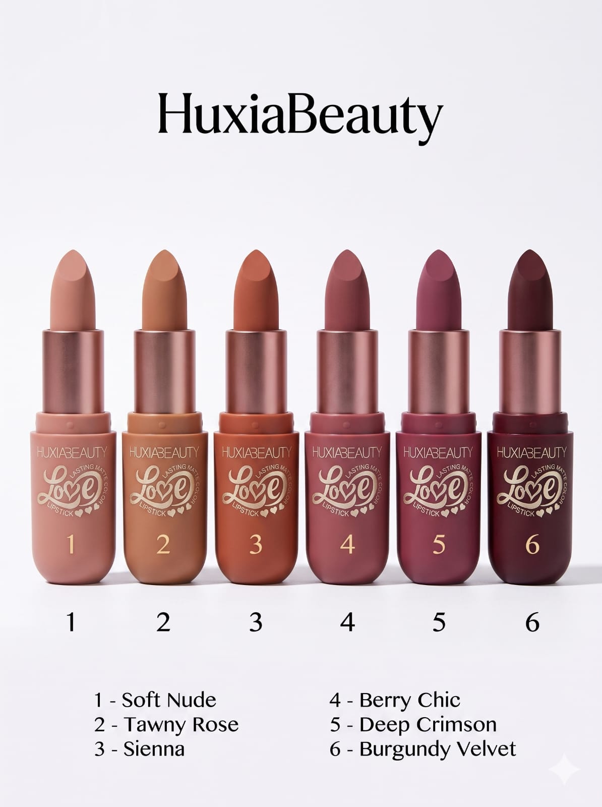 Elevate your beauty routine with these HoxiaBeauty matte lipsticks. This collection offers a curated selection of six stunning shades, designed to provide long-lasting, highly pigmented color that stays vibrant throughout your day.