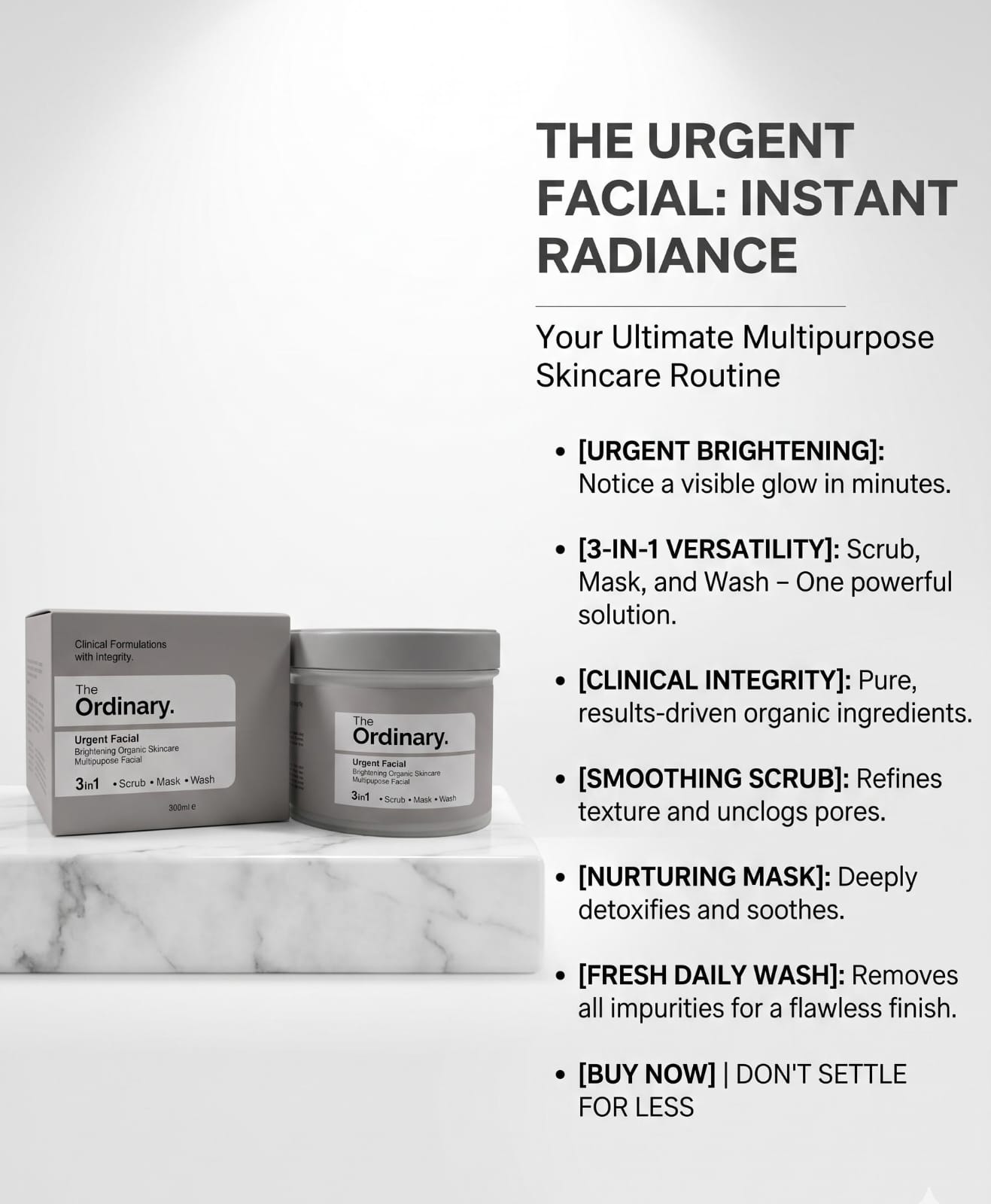 Urgent Facial: 3-in-1 Brightening Multipurpose Organic Scrub, Mask, and Wash – Instant Radiance, Clinical Integrity 300ml
