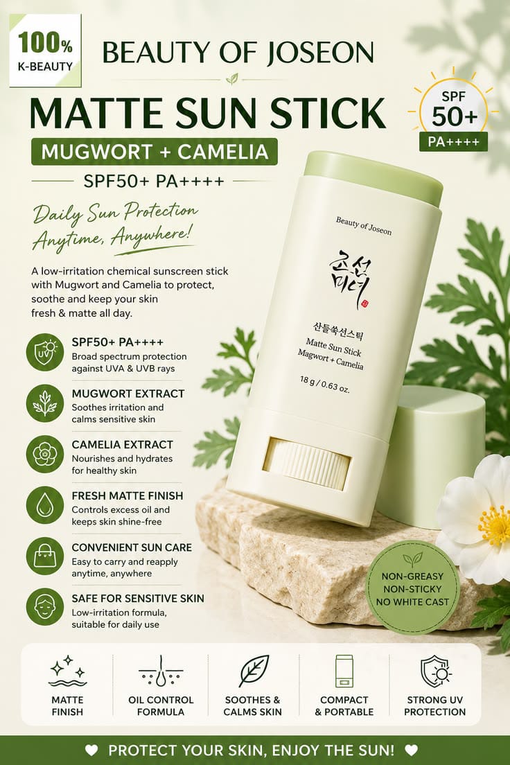 Beauty of Joseon Matte Sun Stick SPF 50+ PA++++ | Oil-Control Sunscreen Stick for Oily & Combination Skin | Mess-Free Broad Spectrum UV Protection