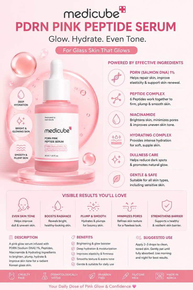 Medicube PDRN Pink Peptide Serum 30ml | Glass Skin Repair Serum | Peptide & PDRN Anti-Aging Serum | Hydrating, Firming & Brightening Korean Skincare