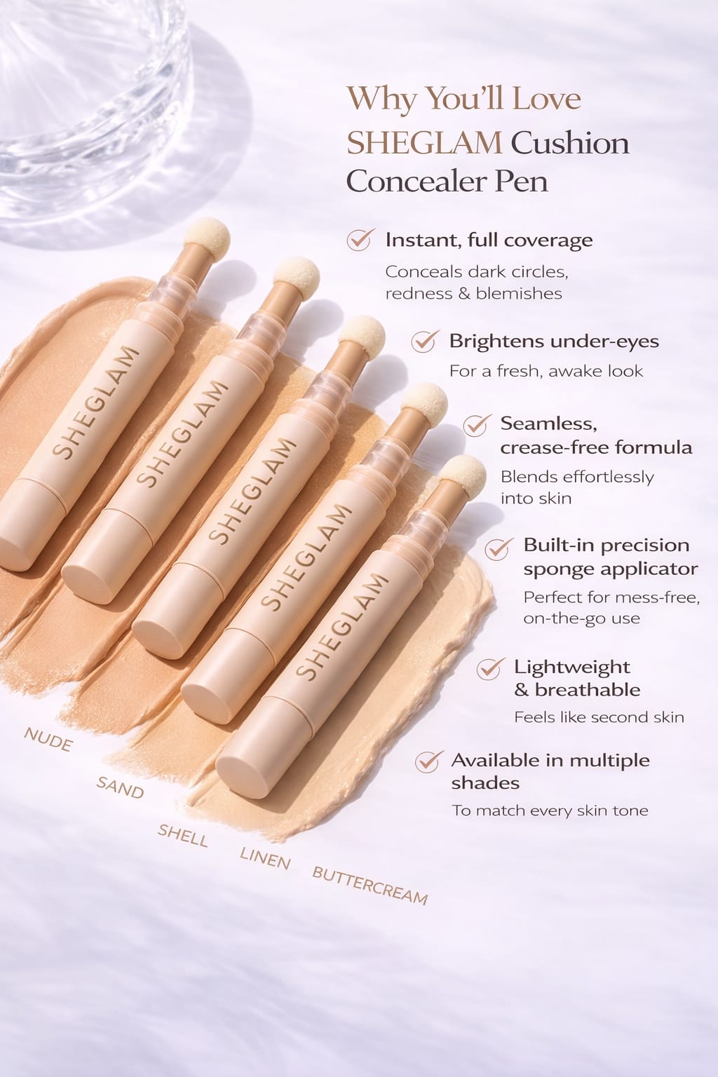 SHEGLAM Cushion Concealer Pen – Lightweight Full Coverage Concealer with Precision Sponge Applicator (All Shades)