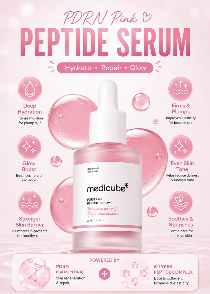 Medicube PDRN Pink Peptide Serum 30ml | Glass Skin Repair Serum | Peptide & PDRN Anti-Aging Serum | Hydrating, Firming & Brightening Korean Skincare