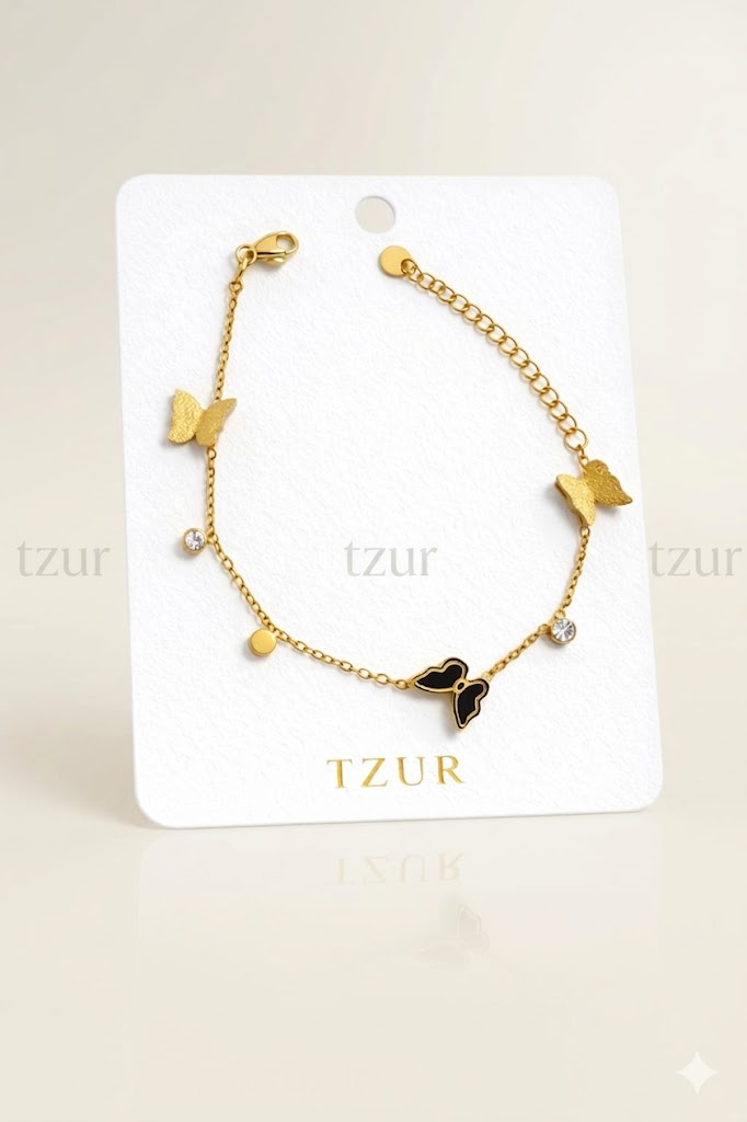Golden Butterfly Charm Bracelet with Black Enamel  + EID SPEACIAL GIFT FROM TZUR