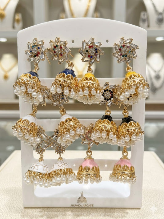 Meenakari Pearl Jhumkas with Crystal Studs